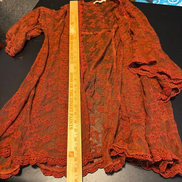 Magnolia Lane Lace Kimono Duster Women’s Medium Rust Orange Boho Chic Sheer Top - Picture 3 of 6